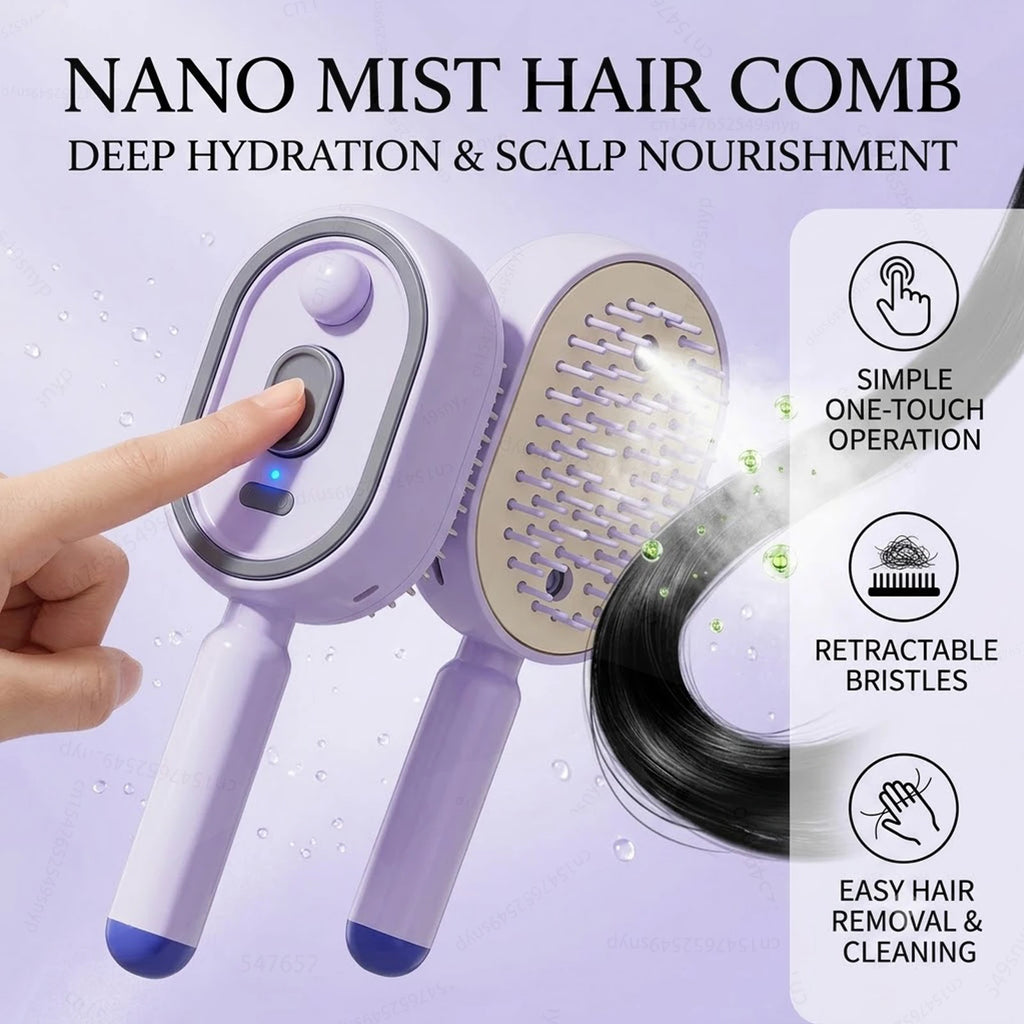 Electric Spray Hair Brush 2-In-1 Misting Hair Brush with Water Spray Reduce Frizz Anti-Static Retractable Steam Massage Comb