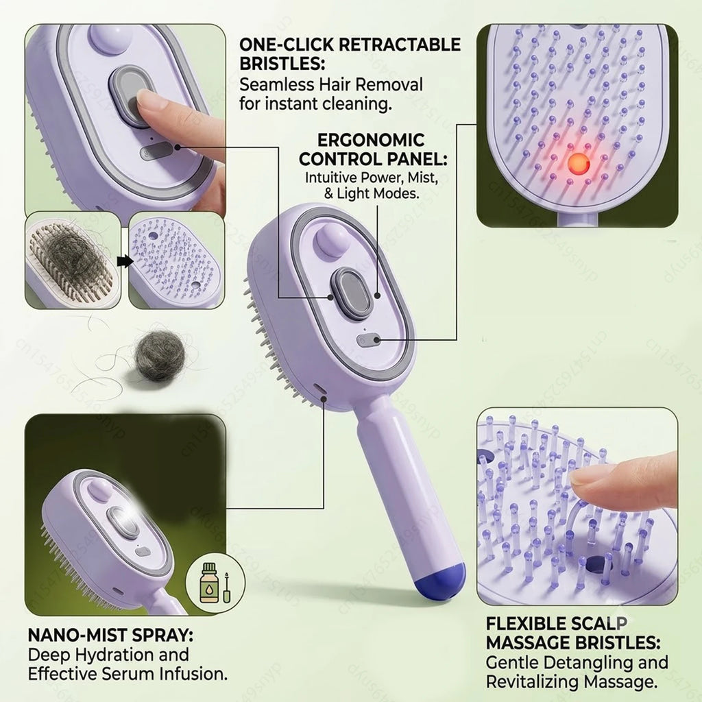 Electric Spray Hair Brush 2-In-1 Misting Hair Brush with Water Spray Reduce Frizz Anti-Static Retractable Steam Massage Comb