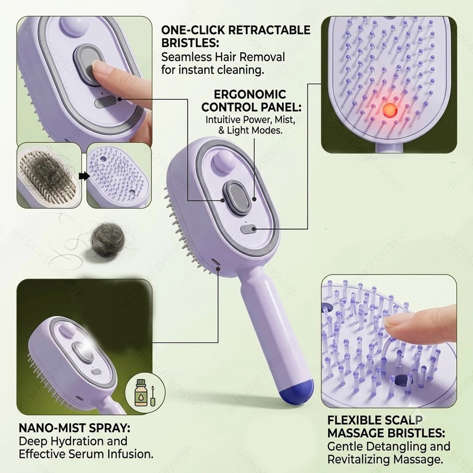 Electric Spray Hair Brush 2-In-1 Misting Hair Brush with Water Spray Reduce Frizz Anti-Static Retractable Steam Massage Comb