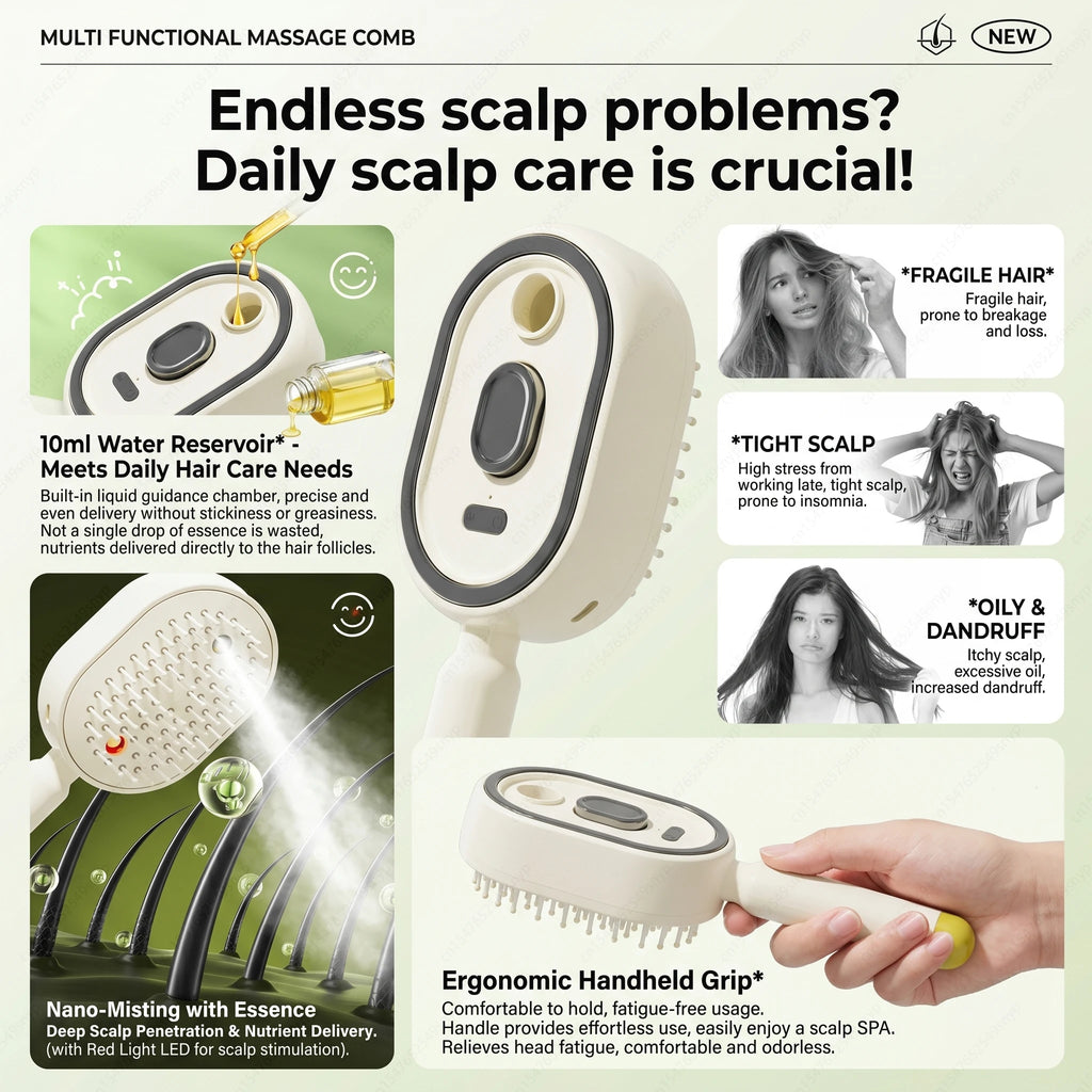 Electric Spray Hair Brush 2-In-1 Misting Hair Brush with Water Spray Reduce Frizz Anti-Static Retractable Steam Massage Comb